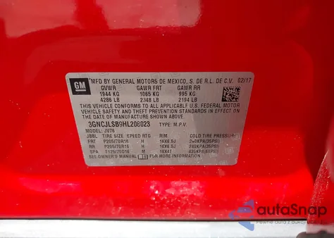 2017 Chevrolet Trax Lt z USA, uszkodzony, nr VIN 3GNCJLSB9HL208023